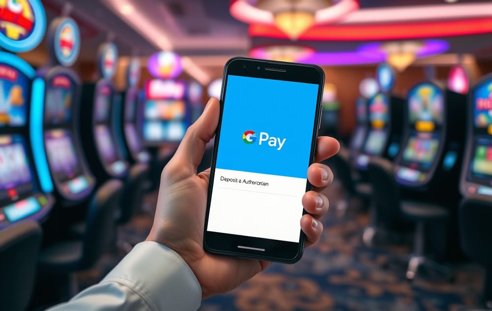 En person som bruker Google Pay på en Android-mobil i et casino-miljø, med fingeravtrykksymbol på skjermen.