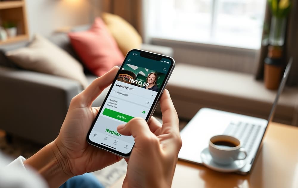 Person som bruker Neteller-appen på mobilen for å sette inn penger på et casino.
