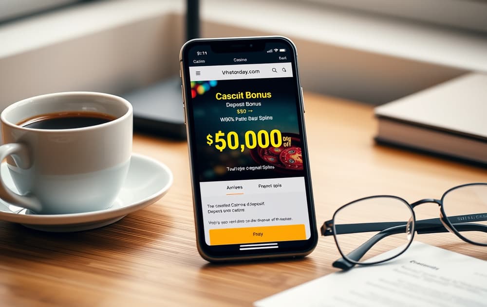 Smarttelefon med innskuddsbonustilbud på skjermen, kaffekopp og briller på et skrivebord.