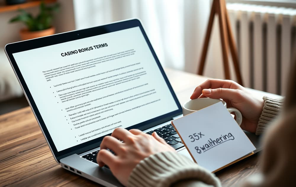 Person leser bonusvilkår på laptop med notatblokk og kaffekopp – illustrasjon av omsetningskrav.