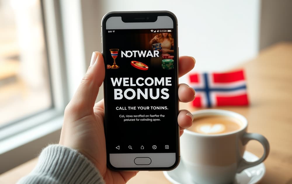 En person som ser på en mobiltelefon med et casino velkomstbonus-tilbud på skjermen, kaffekopp ved siden av, norsk flagg i bakgrunnen.