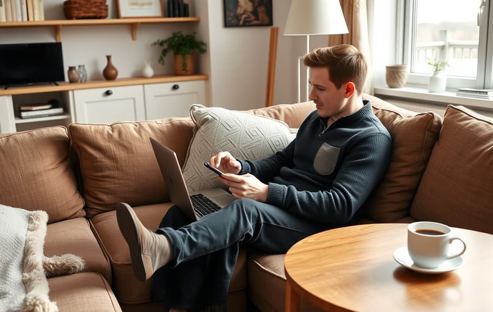 Person som sitter i en stue med laptop og mobil, vurderer et nettcasino