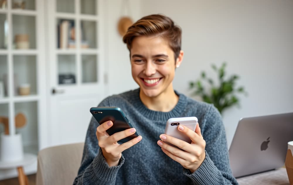 Person som smiler til mobilen med uttaksbekreftelse