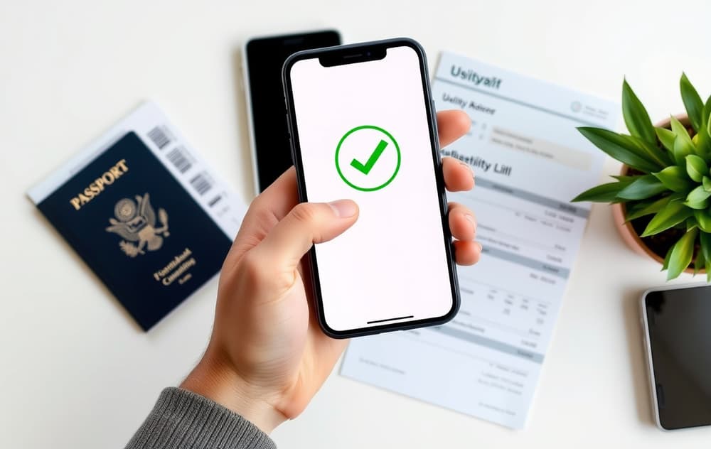 En person som holder en smarttelefon med en bekreftelsesskjerm, ved siden av et pass og en strømregning på et skrivebord.