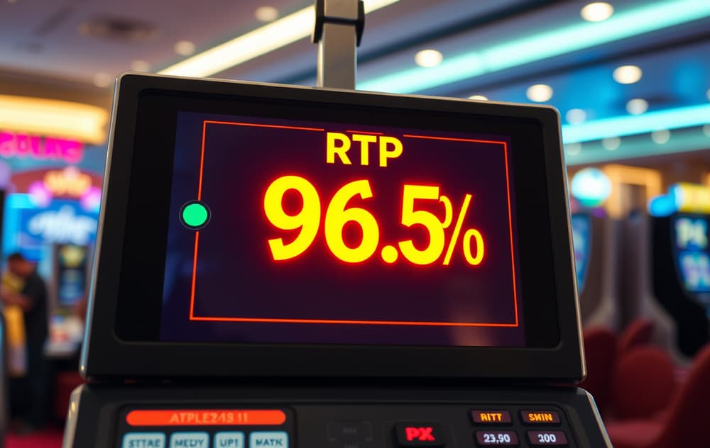 Nærbilde av spilleautomat med RTP på 96,5%.