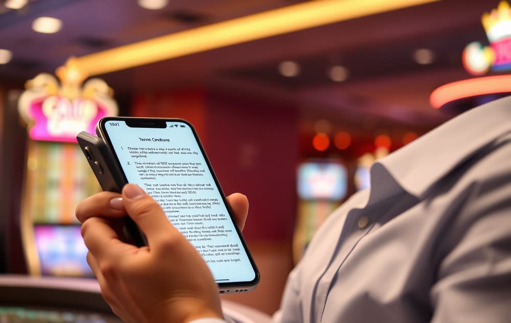 En person som leser vilkår på smarttelefon med casino-bakgrunn