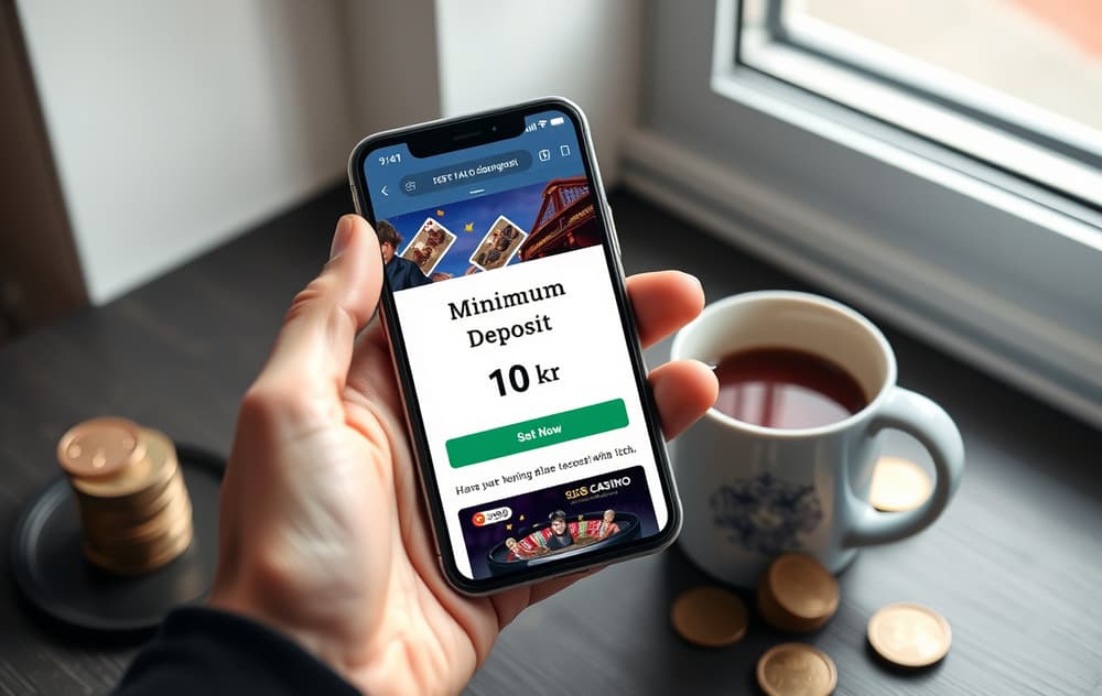 Smarttelefon med casino-side som viser minimum innskudd 10 kr, ved siden av mynter og kaffekopp.