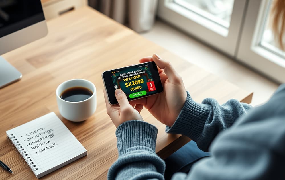 En person som sjekker et gratis casino-tilbud på mobilen med notatblokk ved siden av.