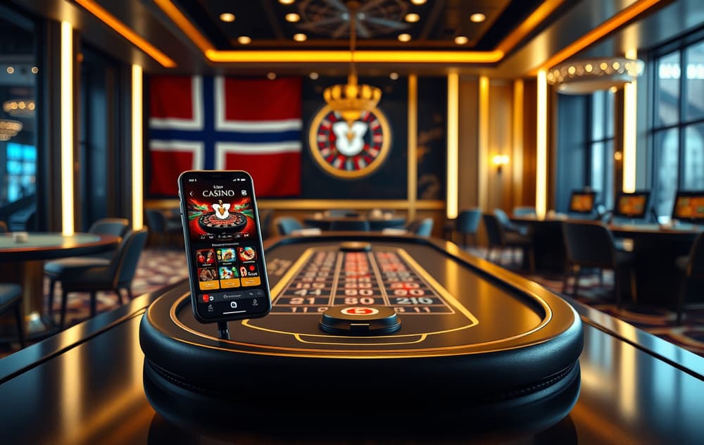 Luksuriøst casinointeriør med high roller-bord og norsk flagg i bakgrunnen