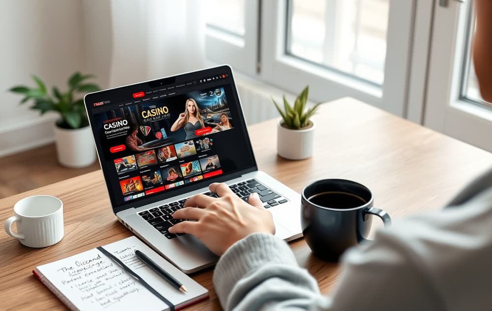 En person som sammenligner nettcasinoer på en laptop med notater om lisens og bonusvilkår