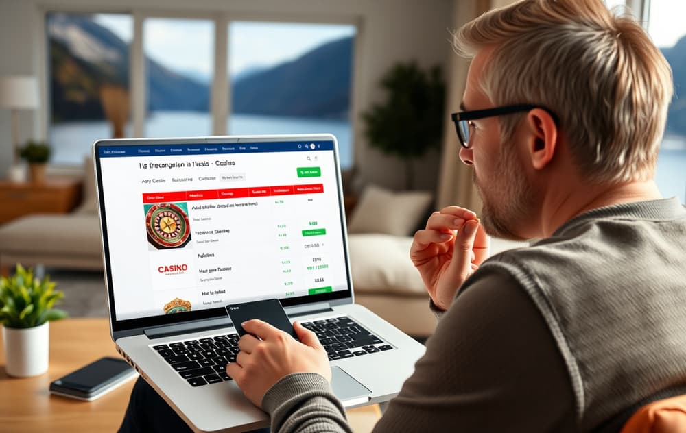 Person som sammenligner trygge norske casinoer på en bærbar PC.