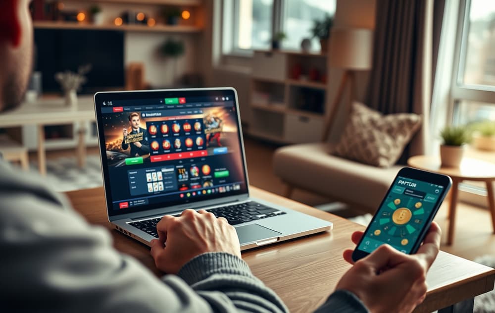 Person ved laptop med casino-spill på skjermen, kaffekopp og mobiltelefon ved siden av