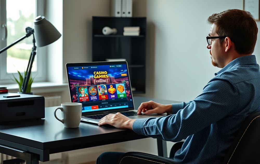 En person som sjekker et nettcasino på en bærbar PC, med mobiltelefon og kaffekopp på skrivebordet