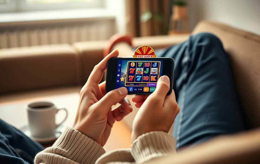 En person sitter i sofaen og spiller en gratis spilleautomat på mobiltelefonen, med kopp kaffe på bordet.