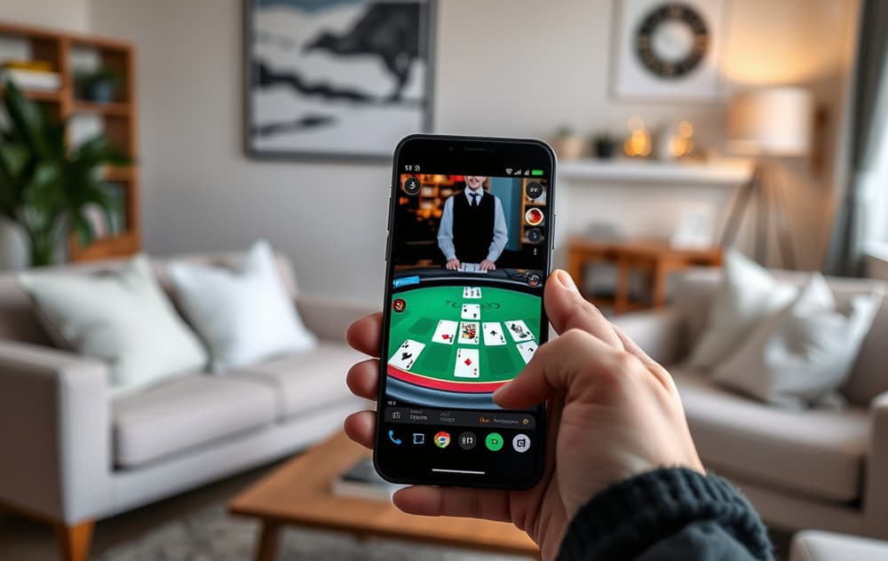 Person som spiller live blackjack på mobilen i en stue