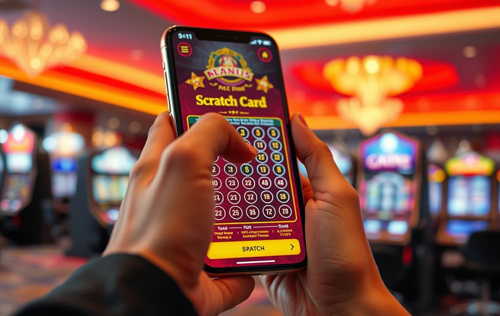 Nærbilde av en person som skraper et digitalt skrapelodd på en mobilskjerm, med et uskarpt casino i bakgrunnen.